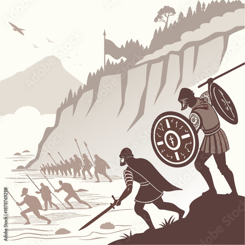 Ancient warriors landing on cliffside beach with swords and shields