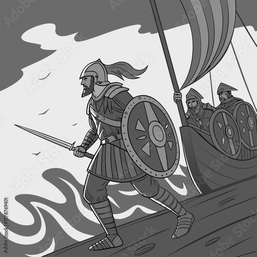 Ancient warriors advancing on a ship viking norse