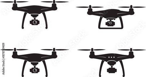 Professional Camera Drone Silhouette Vector Set: Four High-Detail Quadcopter Icons for Aerial Cinematography, UAV Technology Logos, and Modern Surveillance Graphic Design Elements.