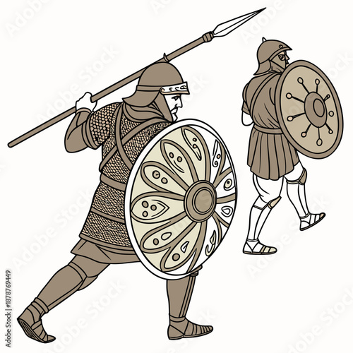 Ancient infantry warriors with shields and spears