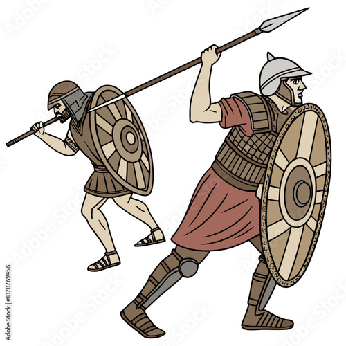 Ancient infantry warriors with round shields and spears