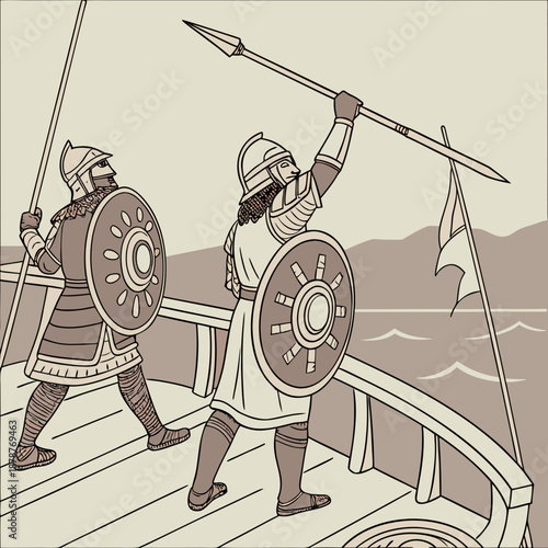 Ancient naval warriors on ship deck with spears and shields