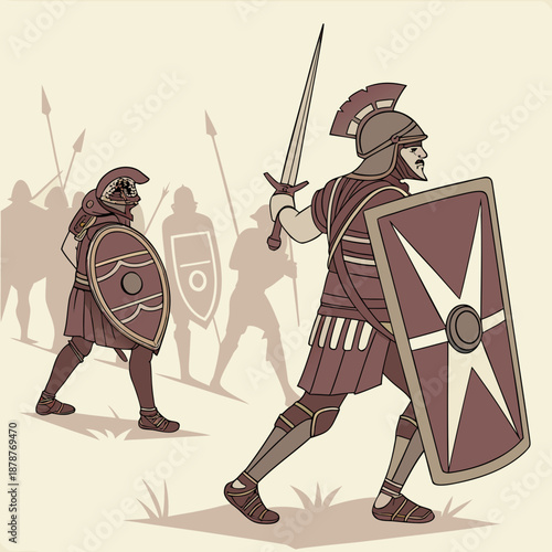 Ancient roman soldiers in armor holding shields and swords