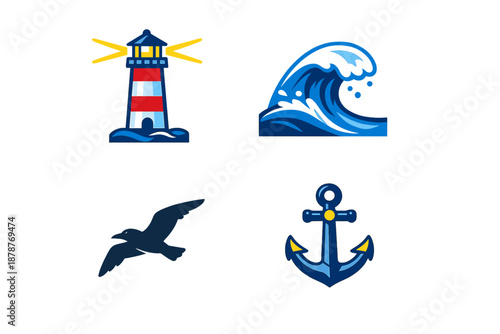 Nautical Theme Icons: Lighthouse, Wave, Seagull, and Anchor