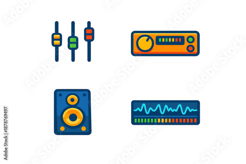 Set of stylized audio equipment icons on a dark background