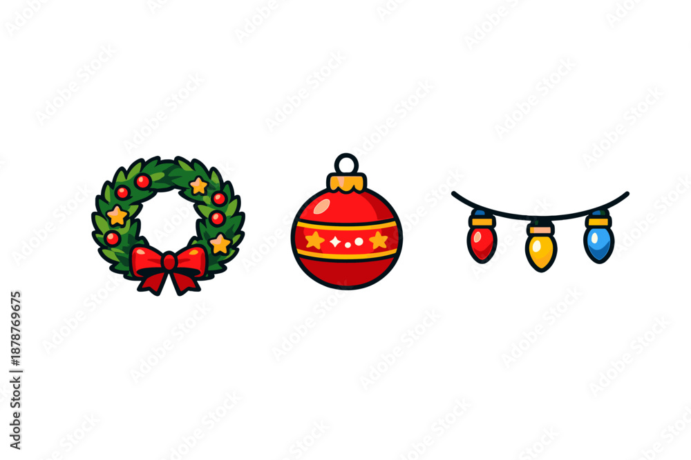 Fototapeta premium Christmas icons: wreath, ornament, and string lights