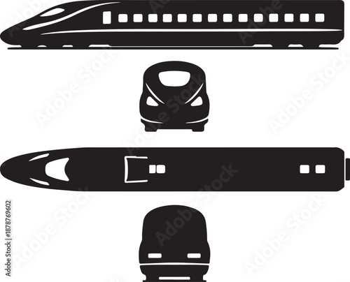 Modern High-Speed Bullet Train Vector Icon Set | Shinkansen Style Passenger Rail Transport Vehicle Silhouette Diagram Collection Showing Side, Front, Top, and Rear Views