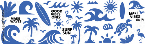 Beach Vibes Icon Set. Depicting ocean waves, palm trees, sun, surfboards, sea turtle, flamingo, birds, shells and Good Vibes Only texts. Tropical vector graphic collection.