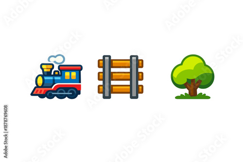 Cartoon train, railroad tracks, and tree