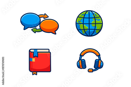 Set of four cartoon icons with glowing effects