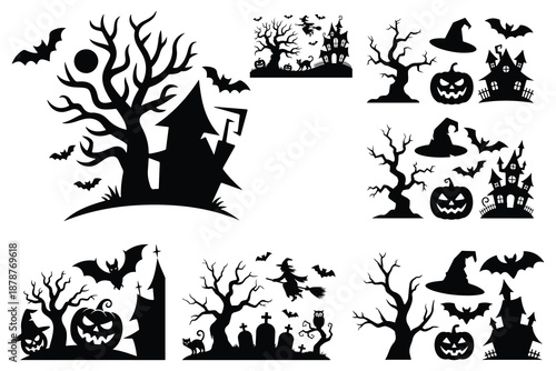 Halloween silhouettes with haunted houses bats and pumpkins