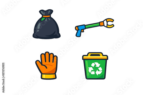 Set of cartoon icons related to cleaning and recycling