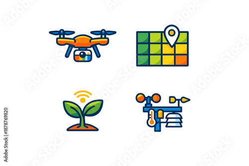 Smart farming icons with drone, map, plant and weather station