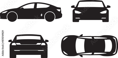 Modern Electric Car Silhouette Icons Set: Black Vector Glyphs Representing Side, Front, Rear, and Top Views of an EV Sedan, Perfect for Automotive, Charging Station, and Eco-Friendly Design Projects.