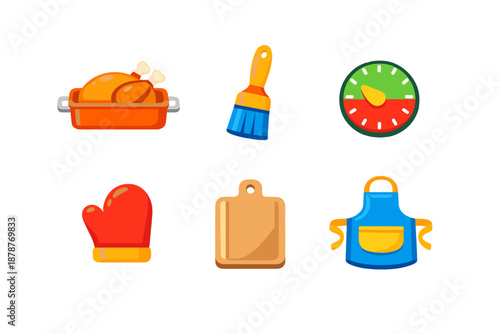 Collection of kitchen-related icons glowing on a dark background