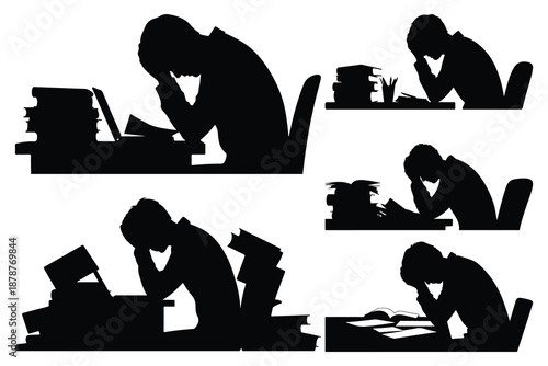 Silhouettes of people studying or working at desks with books and laptops