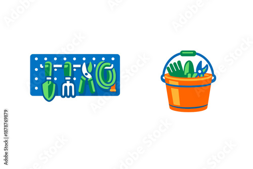 Gardening tools and bucket with glowing effect