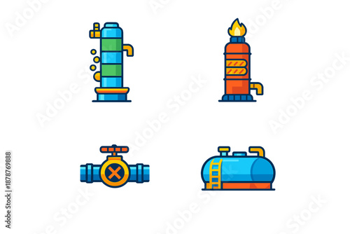 Industrial equipment icons with glowing neon effect