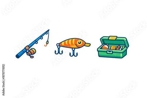 Fishing Gear Icon Set on Gradient Background