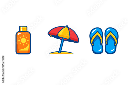 Summer beach icons: sunscreen, umbrella, and flip-flops