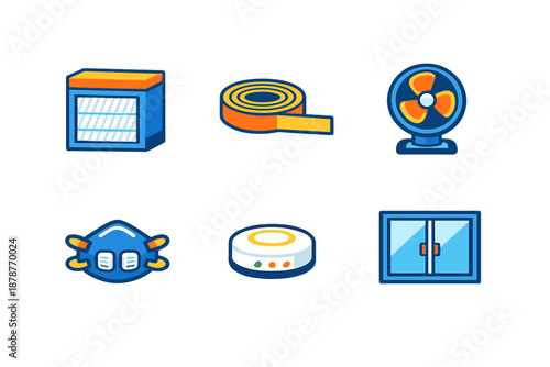 Set of six isometric icons representing home appliances and safety items