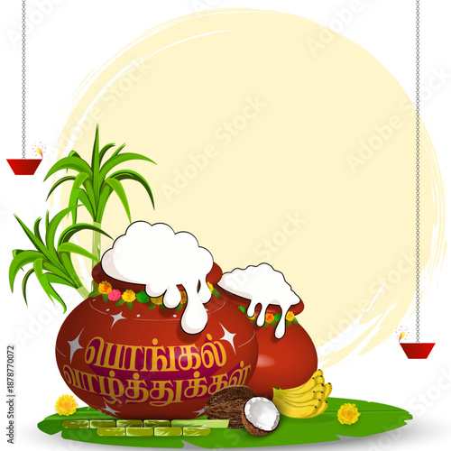 Happy Pongal 2026 Traditional Clay Pots Vector with Tamil Greeting and Copy Space. translate happy pongal tamil text.