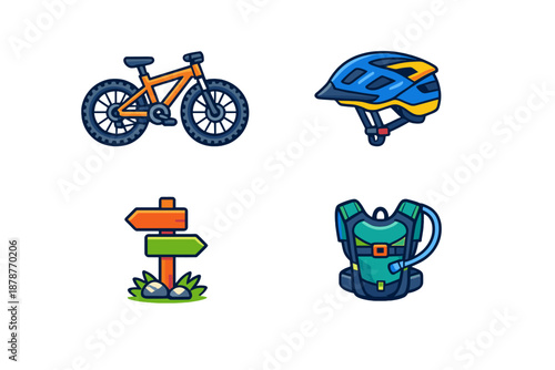 Mountain Biking Gear and Trail Marker Icons