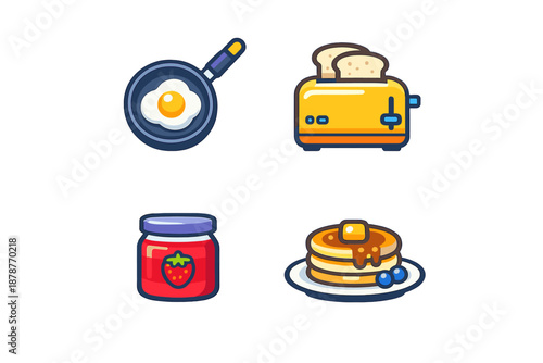 Breakfast Icons - Fried Egg, Toaster, Jam Jar, Pancakes