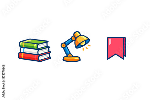 Collection of study icons: books, lamp, and bookmark