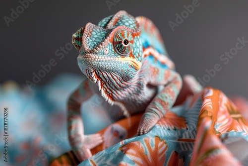 Wallpaper Mural A chameleon sits on a bright fabric, camouflaging itself with colorful patterns. It uses its unique colors and textures to adapt to the surroundings in a sunny room Torontodigital.ca