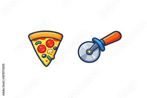 Slice of pizza and pizza cutter icon