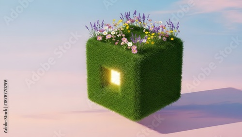 Whimsical green cube with vibrant flowers and glowing window in serene landscape