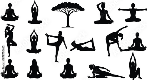 Silhouettes of people performing various yoga poses and a tree in black and white