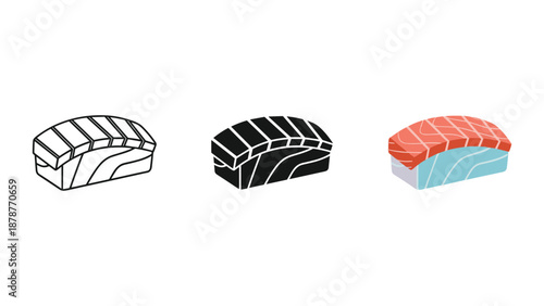 Three sushi rolls with different designs on a white background