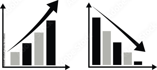 Two bar charts with upward and downward trends and arrows upward trend black bars