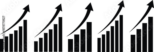 Three sets of black bar charts with upward trending arrows white growth