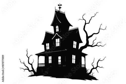 Black Haunted House with Bare Tree Silhouette white