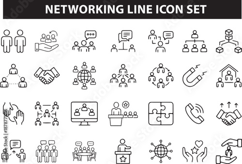 Hand drawn business networking and communication line icon set