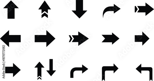 Black Directional Arrow Icons Set with Straight, Curved, Turn, and Chevron Navigation Symbols Vector Illustration
