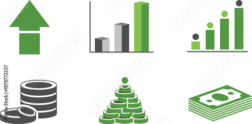 Business Growth and Financial Profit Icons Set with Upward Arrow, Bar Charts, Stacked Coins, and Cash Symbols Vector Illustration