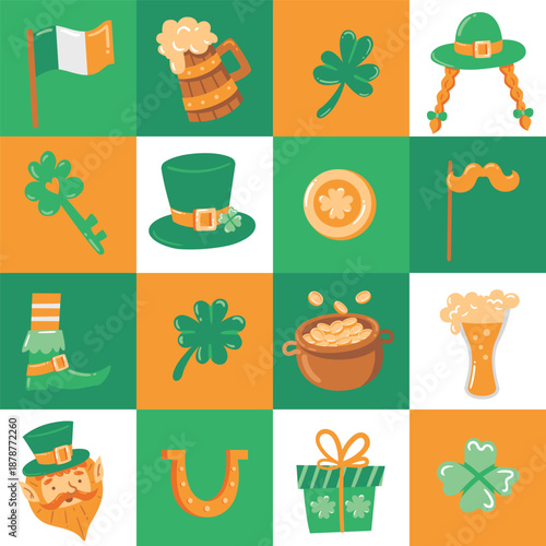 Seamless pattern with Saint Patricks Day symbols. Fun background for packaging, textiles, wrapping paper and festive designs.