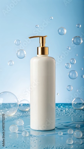Blank Cosmetic Pump Bottle Mockup with Water Bubbles on Blue Background