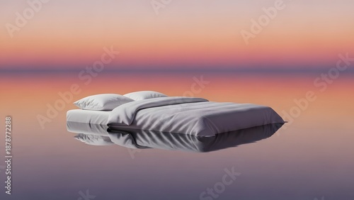 Serene floating bed on calm water at sunset with peaceful ambiance