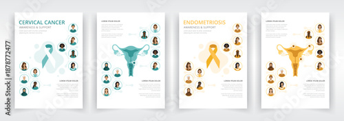 Cervical cancer and endometriosis awareness poster or report cover and interior page templates with ribbons, female reproductive system, women and medical staff from diverse ethnicities and age groups