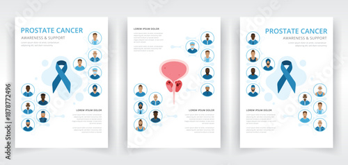 Prostate cancer awareness poster or report cover and interior page templates with blue ribbons, bladder, prostate gland, urethra, men and medical staff from diverse ethnicities and age groups