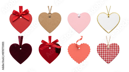 Heart gift tag set including red, velvet, pink, gold, kraft, and gingham variants. Valentine's day and wedding celebration accessory collection.