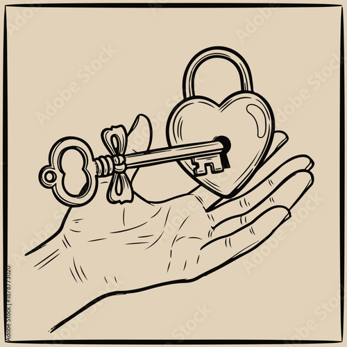 Hand holding a key unlocking a heart-shaped padlock in line art