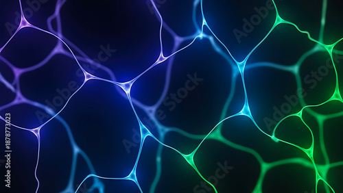 Vibrant network of glowing neon connections on a dark background with purple blue and green hues