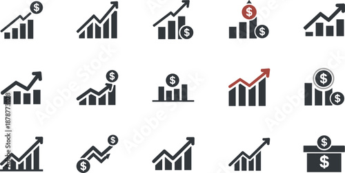 Business Growth and Financial Profit Icons Set with Upward Bar Charts, Revenue Symbols, and Investment Indicators Vector Illustration