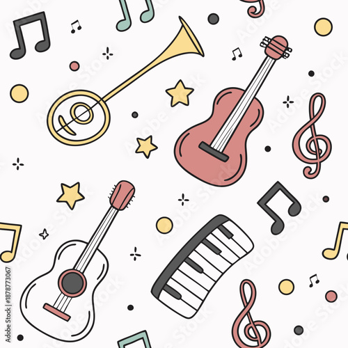 Seamless Pattern with Musical Instruments, Notes, and Symbols in Doodle Style for Textile Design and Backgrounds.